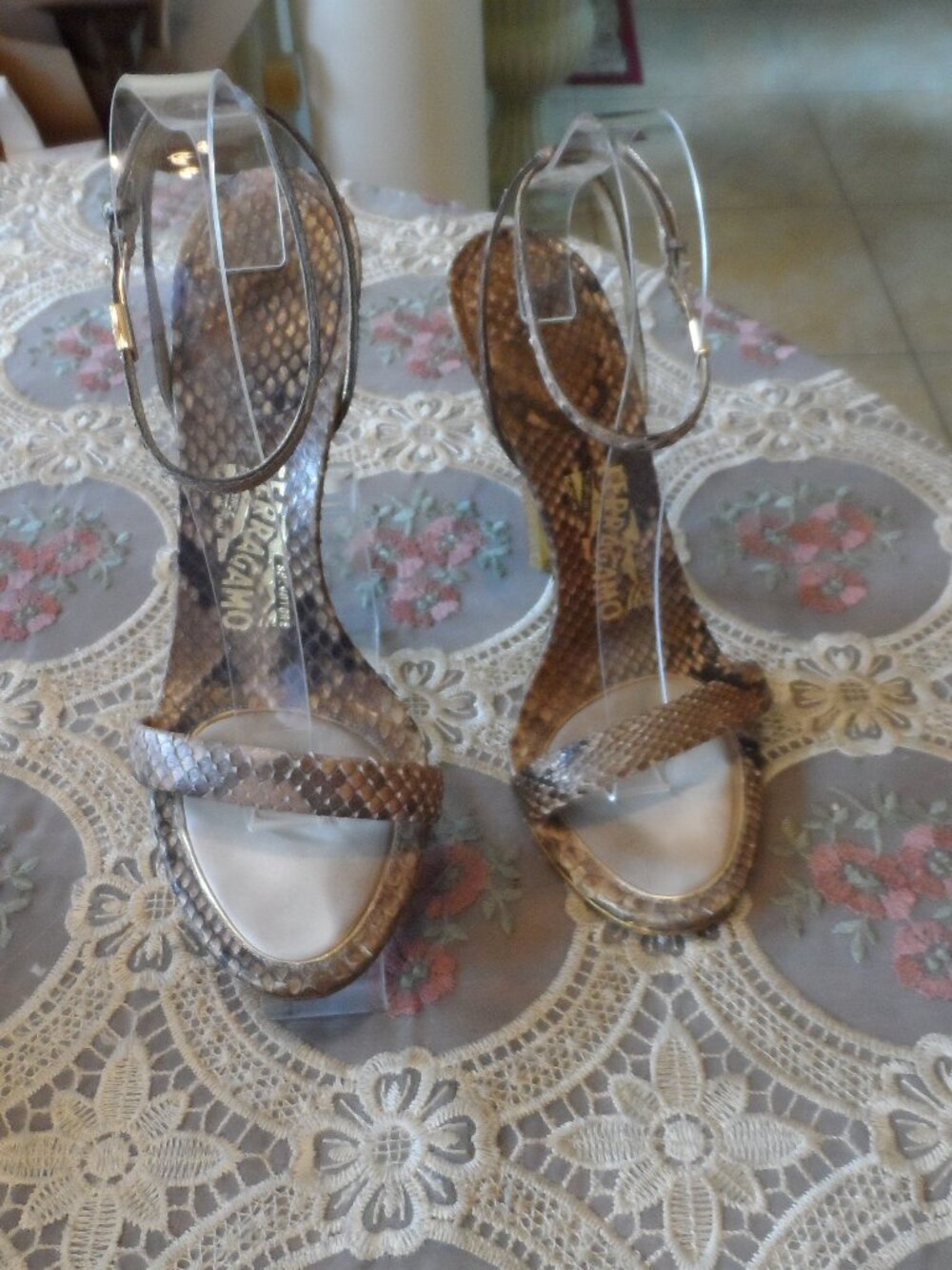 Salvatore Ferragamo Khaki Python Skin Strappy Heels Size 9M